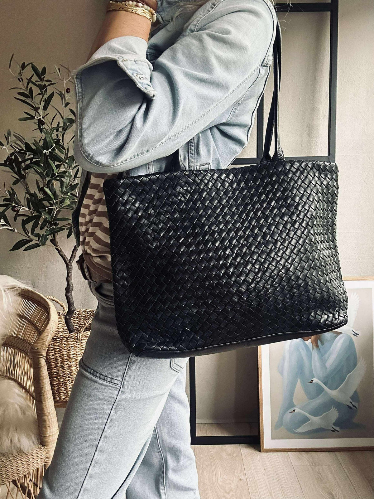 Shopper van gevlochten leer - Black