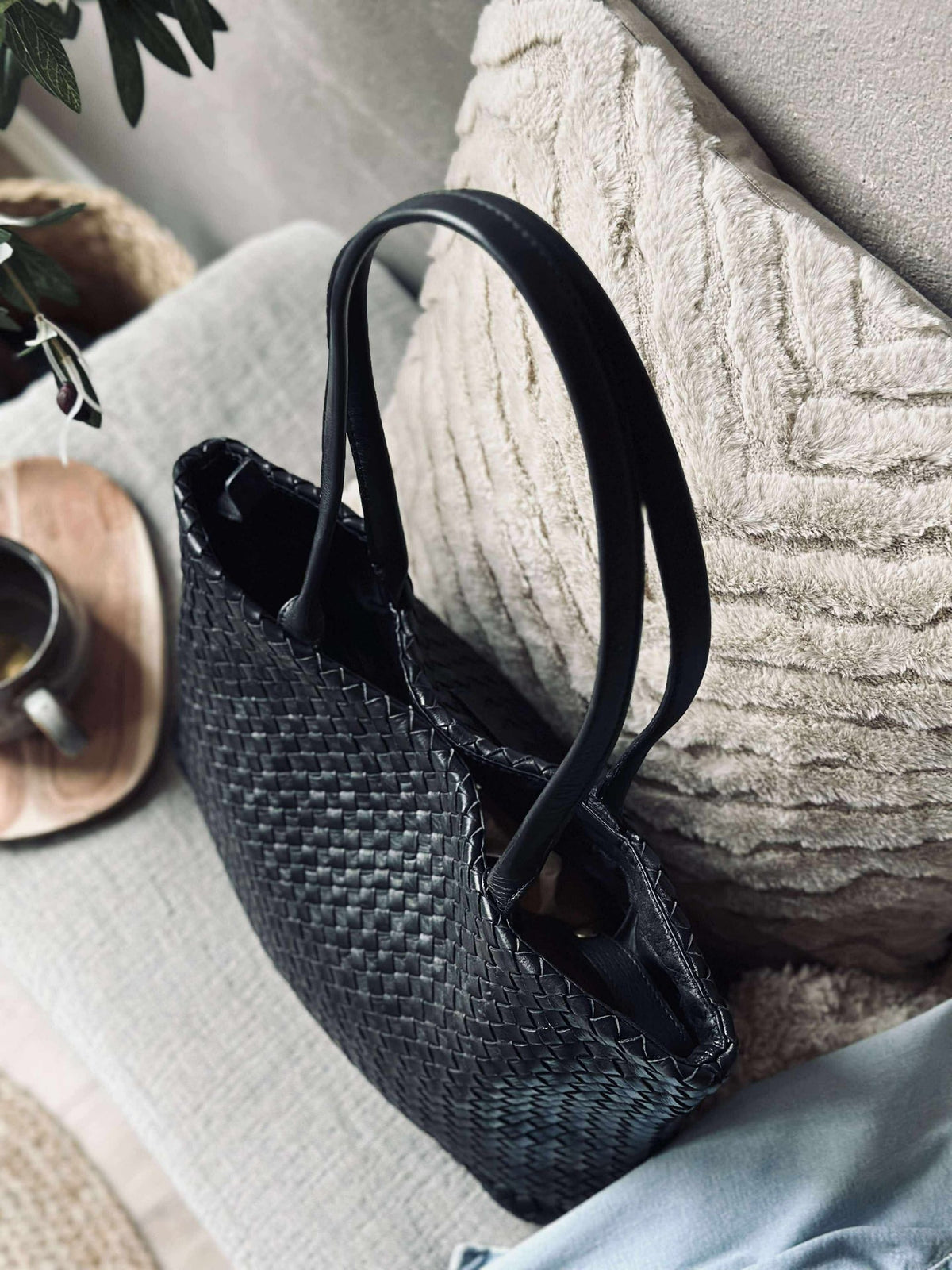 Shopper van gevlochten leer - Black