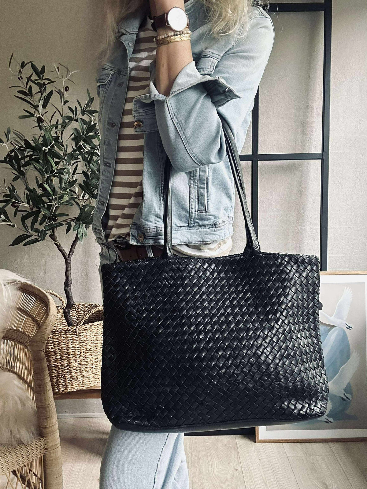Shopper van gevlochten leer - Black