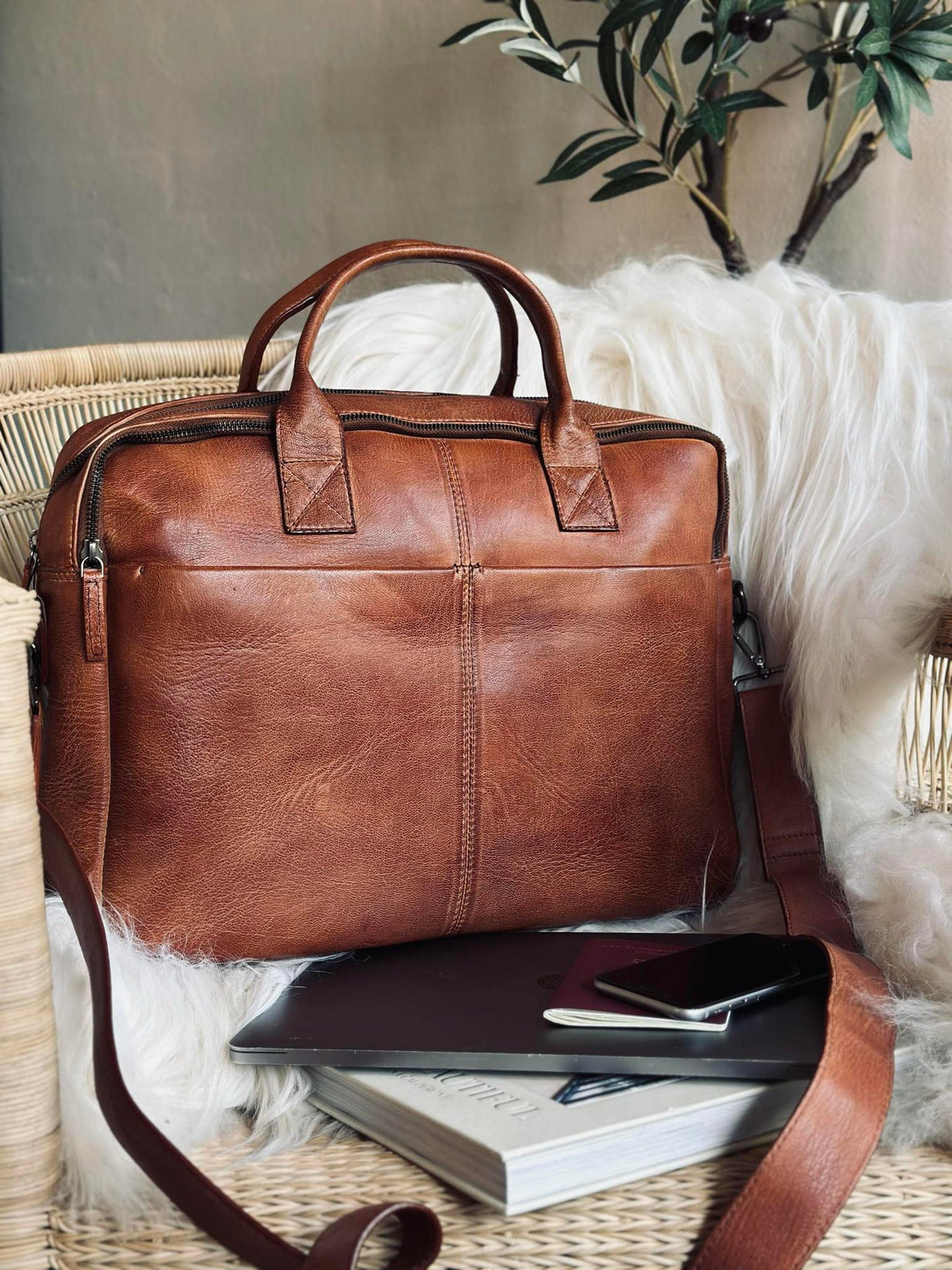 Laptoptas cognac