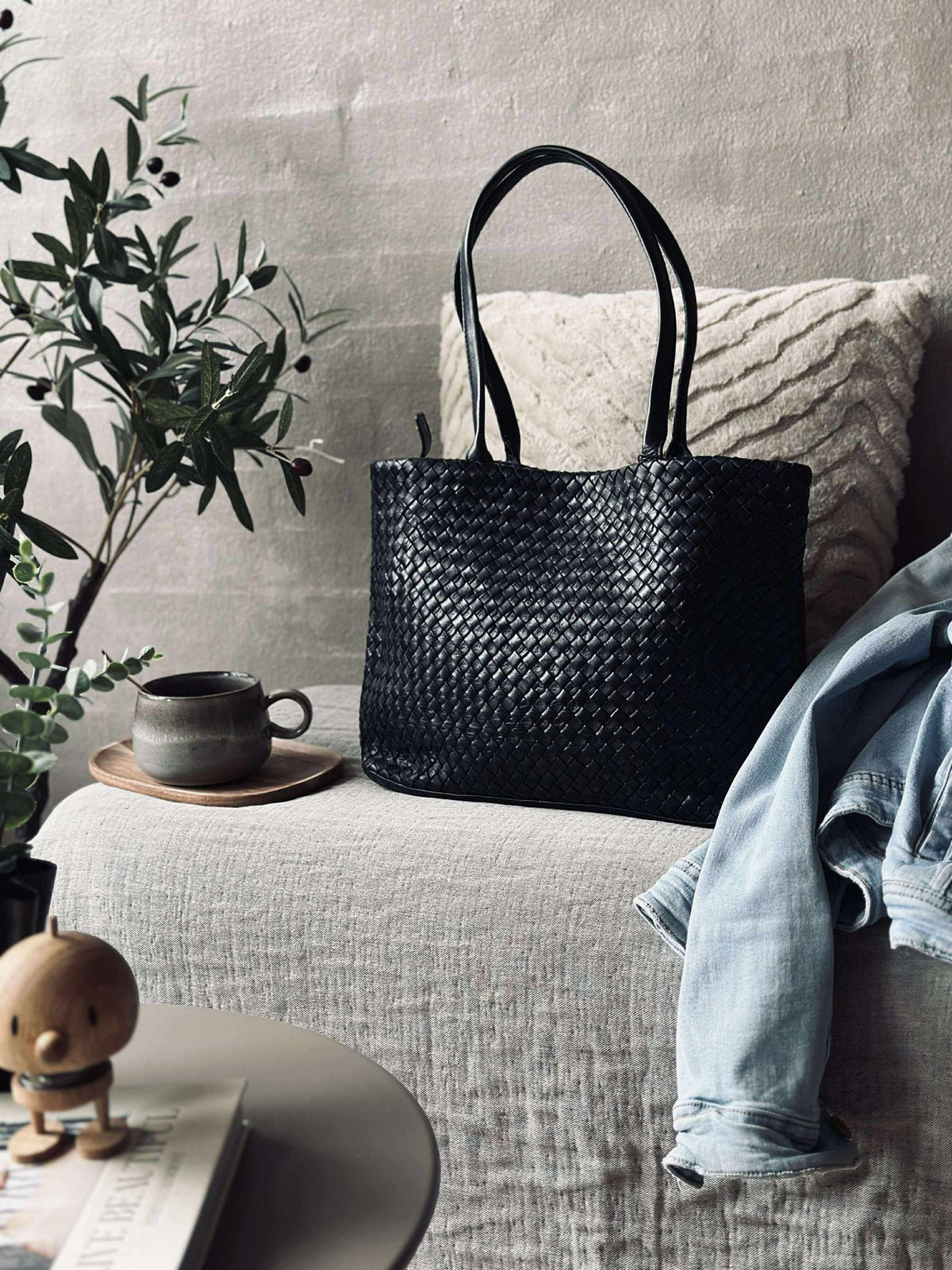 Shopper van gevlochten leer - Black