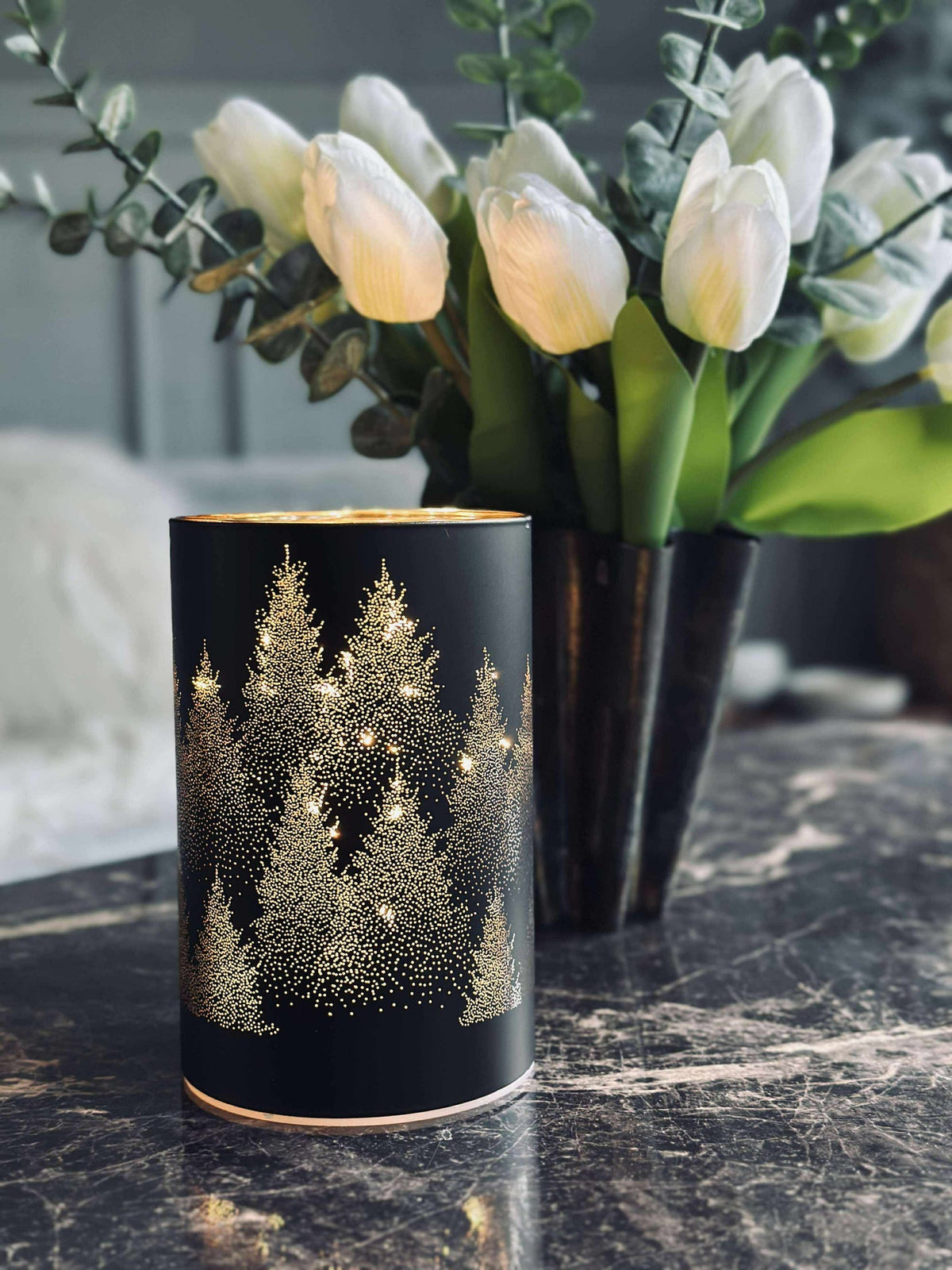 Lantaarn met led licht - Black / gold