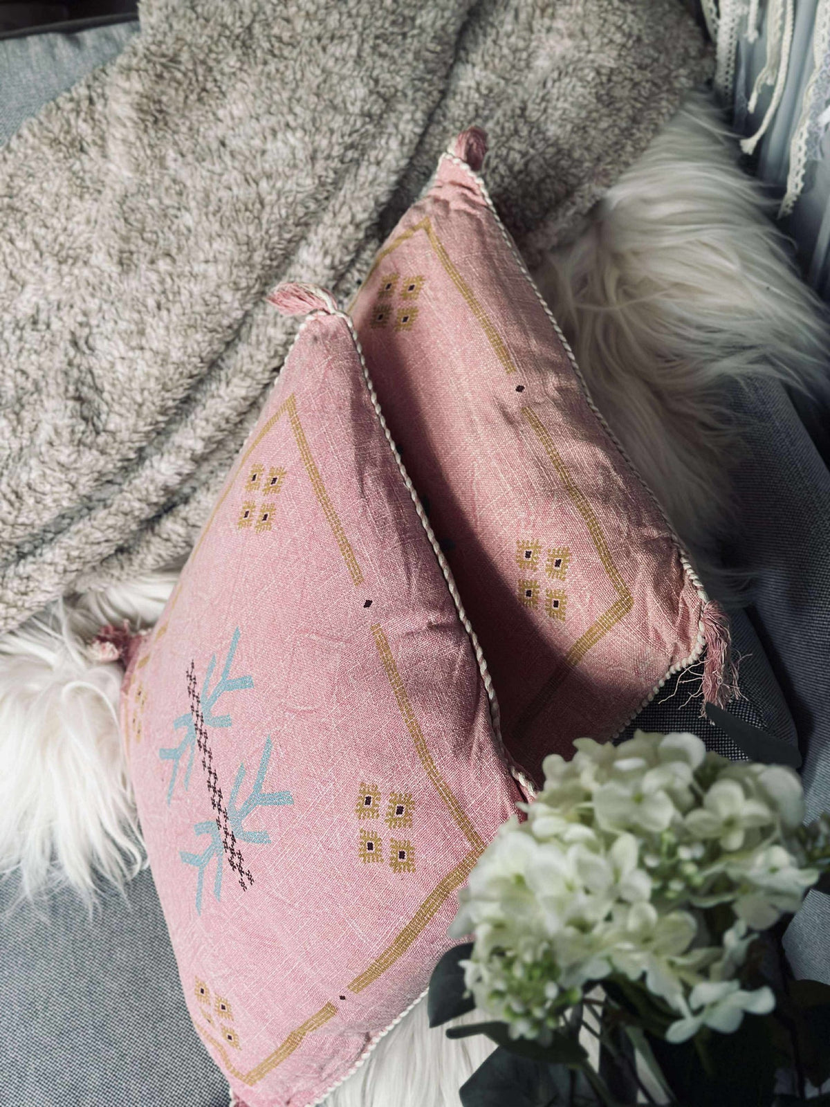 Kussen met vulling - Soft pink boho - Set van 2 st.