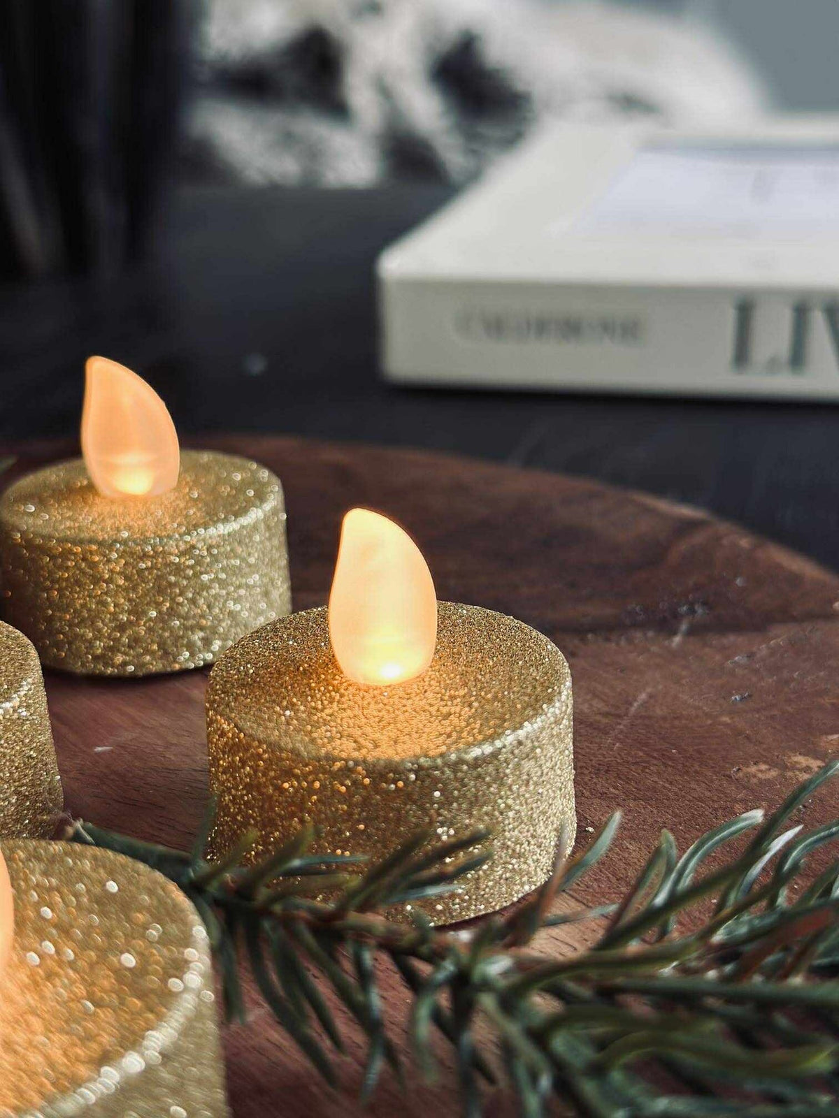 Waxinelichtjes met led - Gold glitter 6 st.