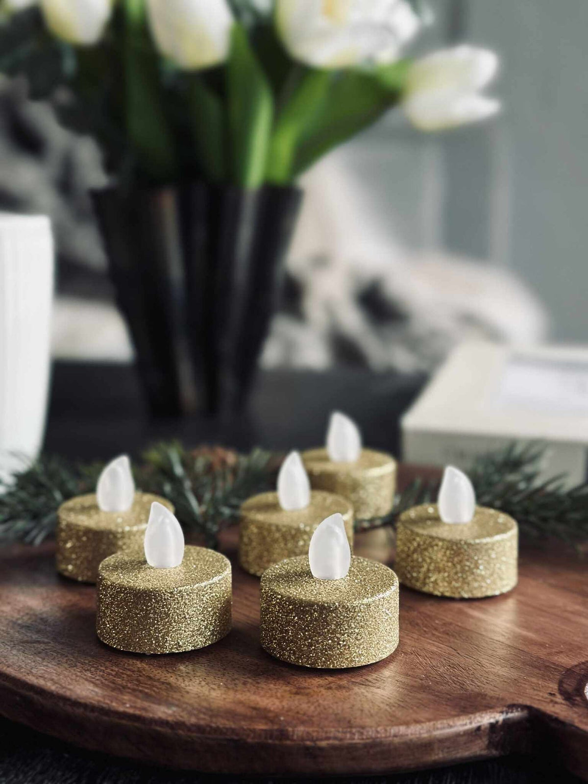 Waxinelichtjes met led - Gold glitter 6 st.