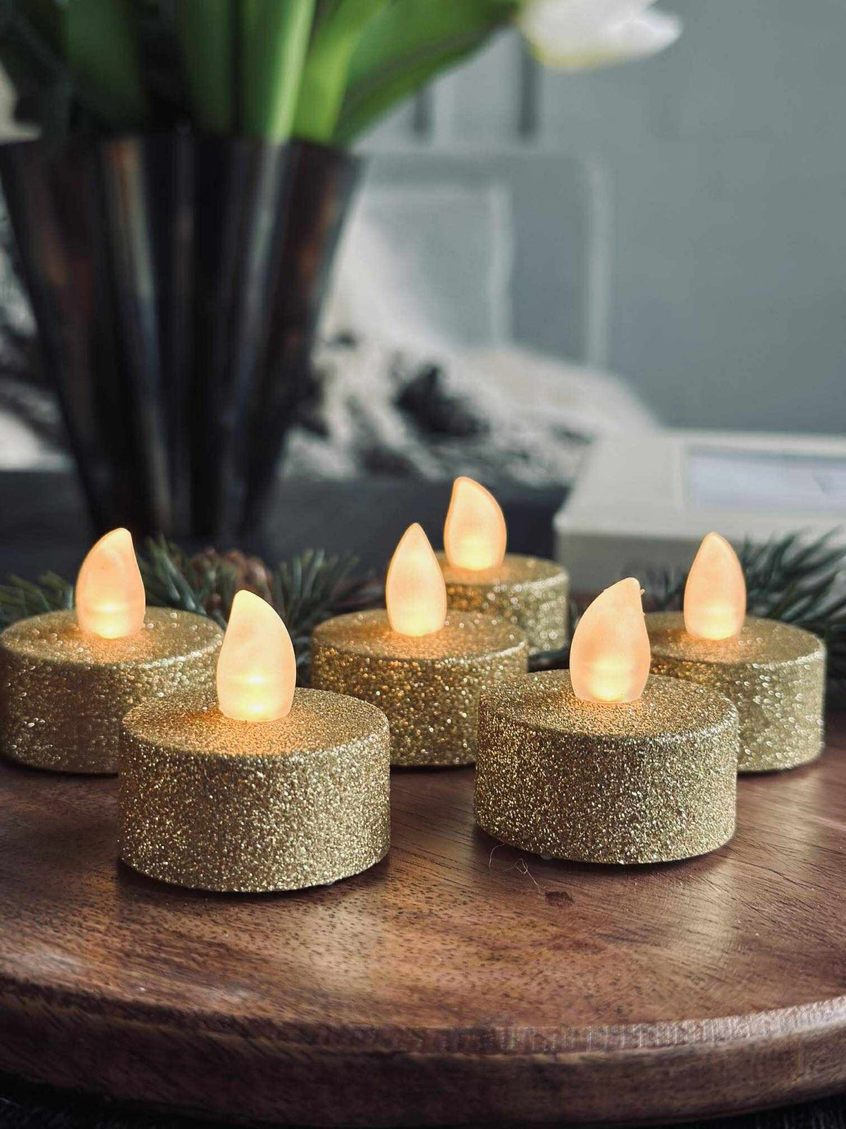Waxinelichtjes met led - Gold glitter 6 st.
