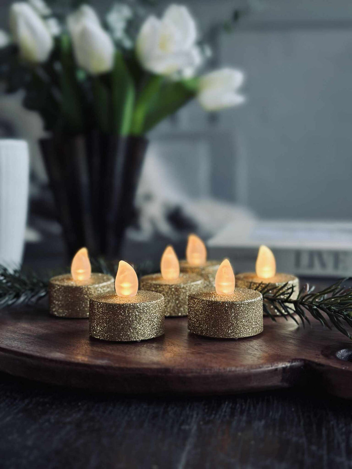 Waxinelichtjes met led - Gold glitter 6 st.