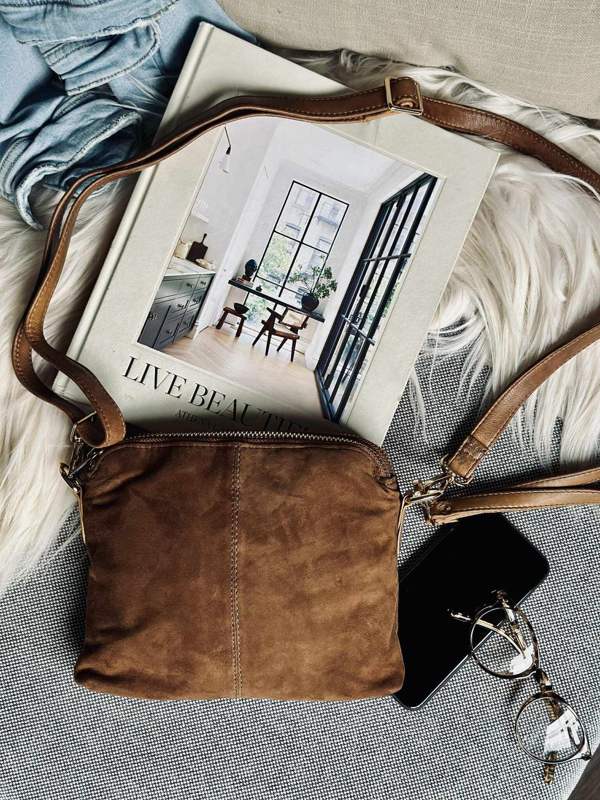 Crossbody clutch ALICE - Suède caramel