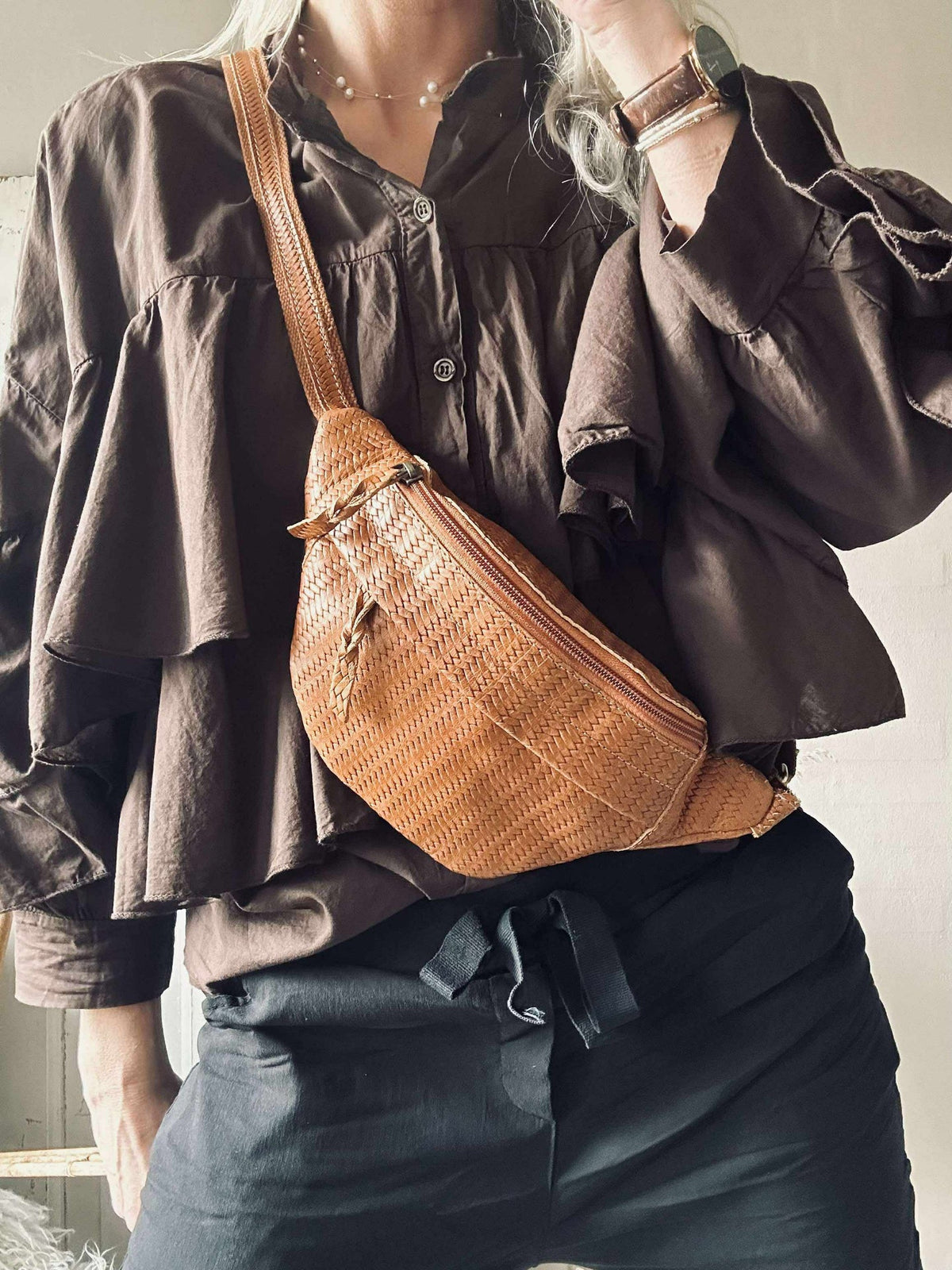 Bumbag Tasha - Cognac vlechtwerk