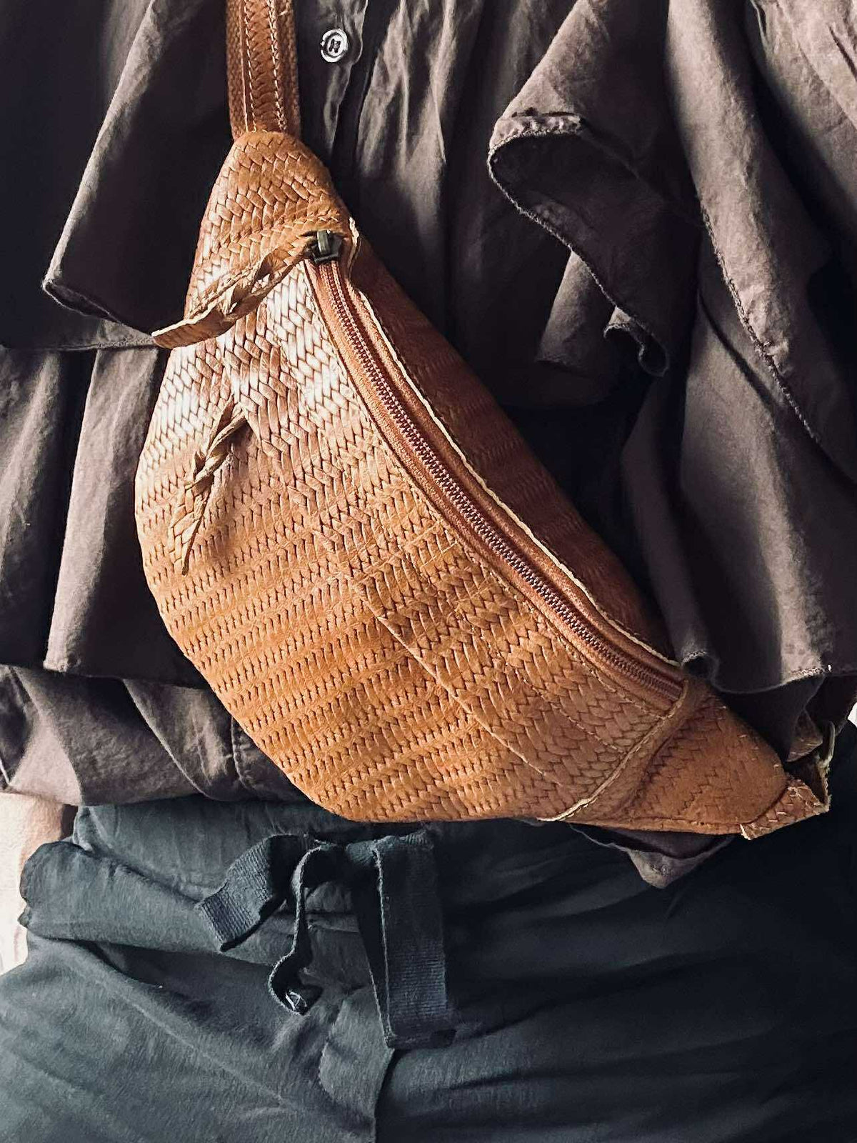 Bumbag Tasha - Cognac vlechtwerk