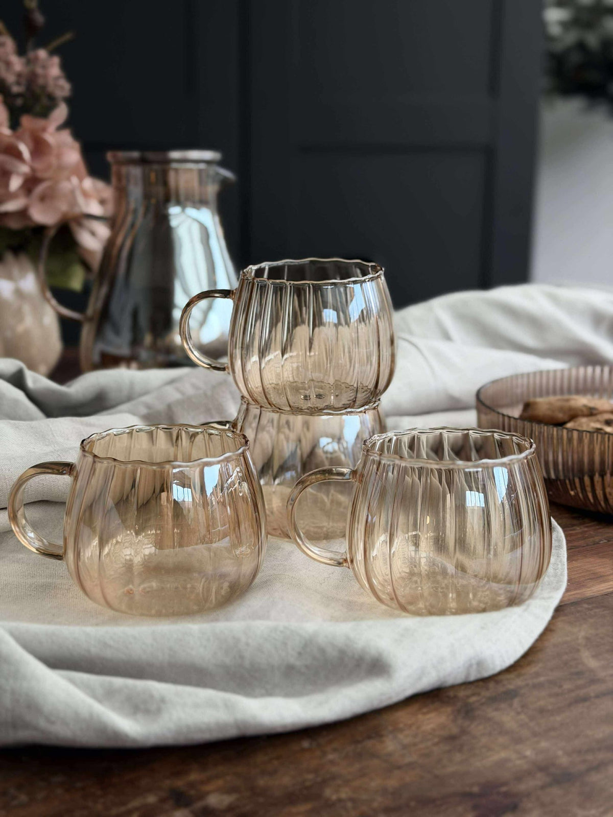Glazen bekers met ribbels - 4 st.