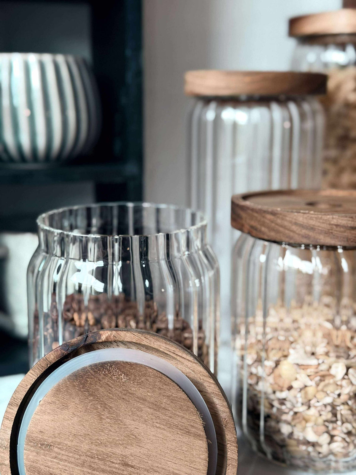 Voorraadpotten met houten deksel - Set van 5 stuks