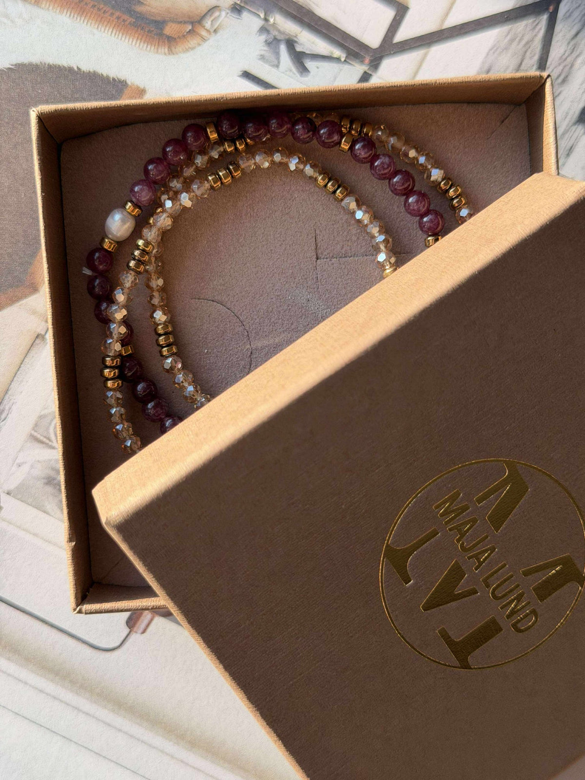 Armband Leah Bordeaux/Naturel – Set van 3 stuks