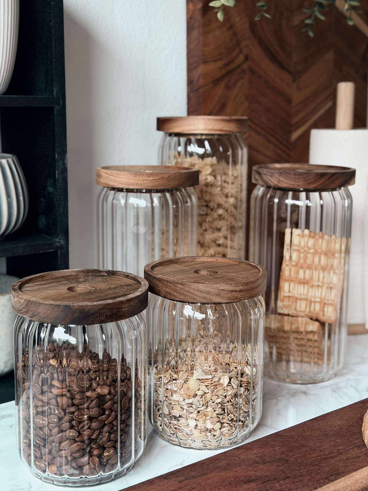 Voorraadpotten met houten deksel - Set van 5 stuks