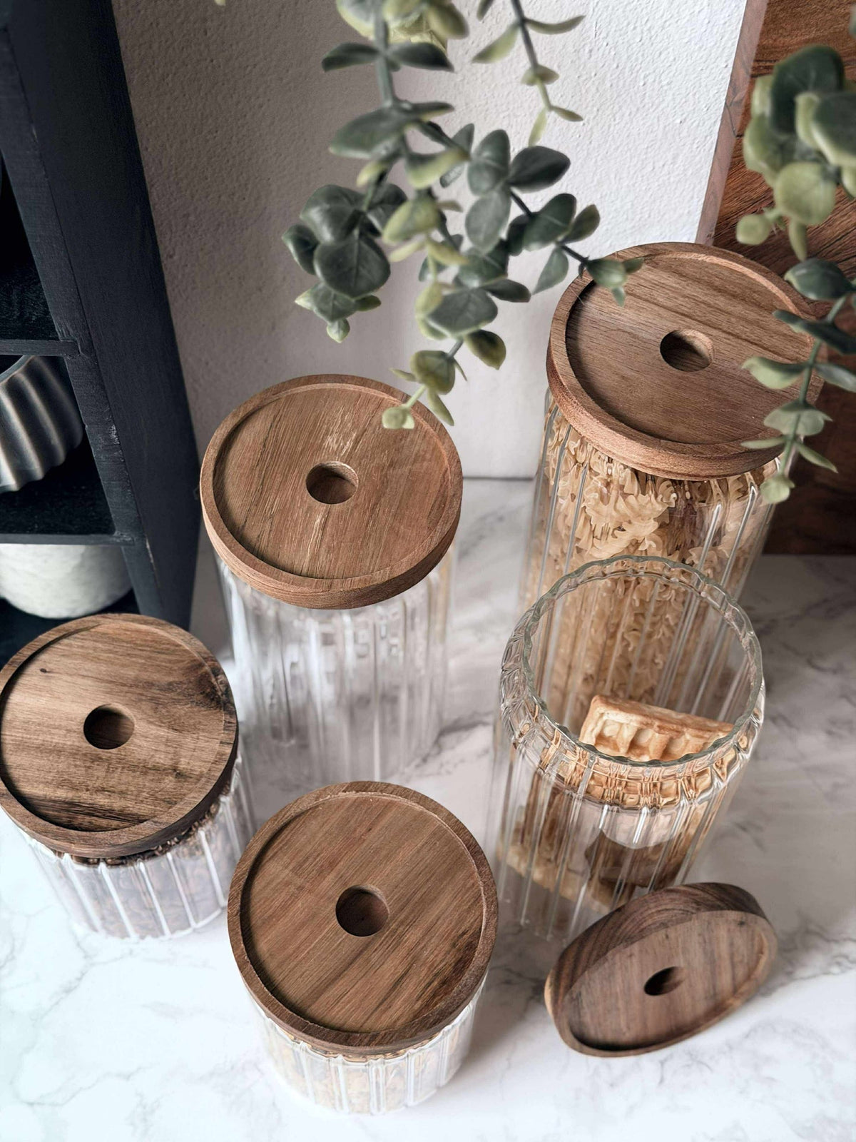 Voorraadpotten met houten deksel - Set van 5 stuks