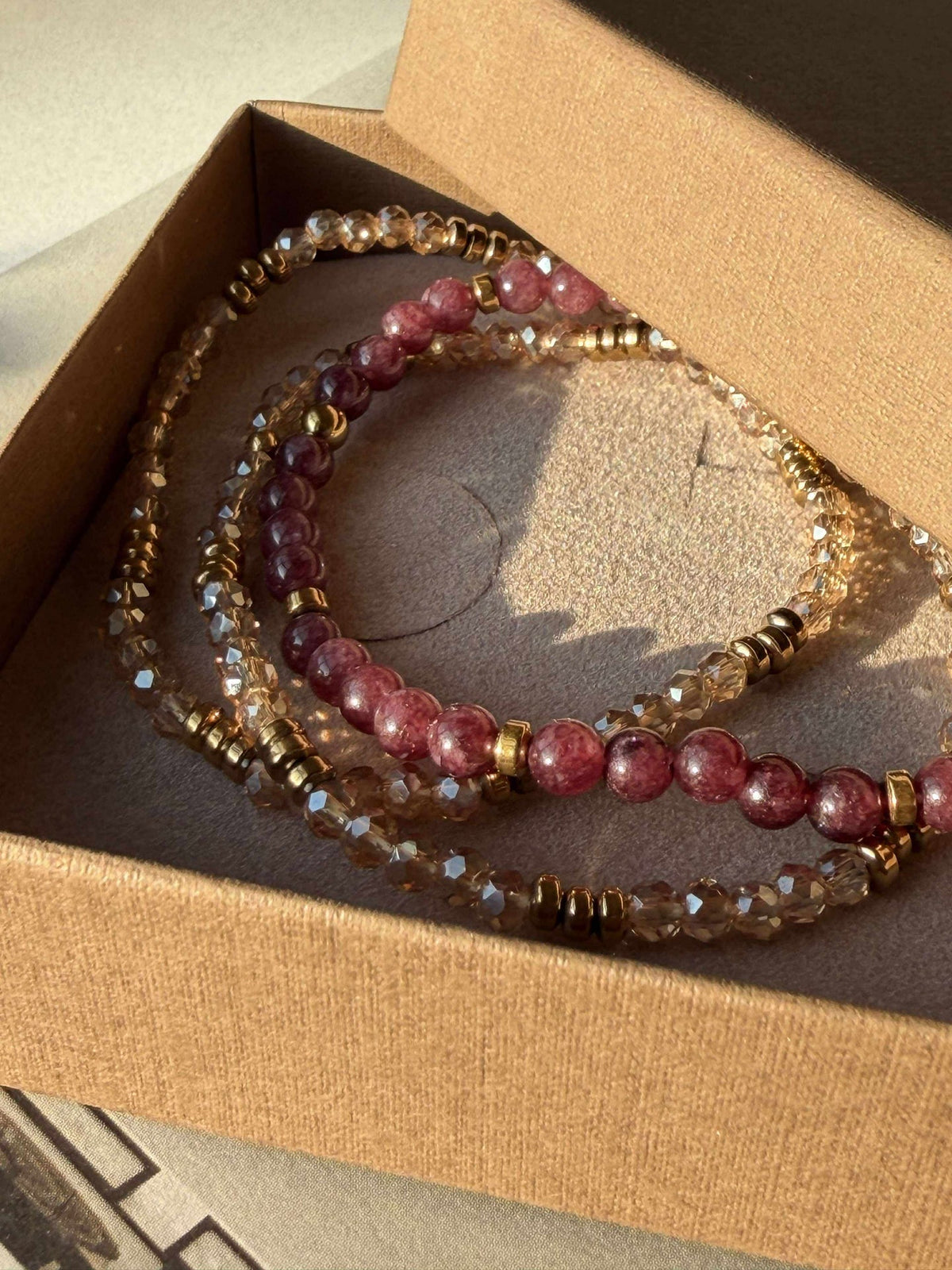 Armband Leah Bordeaux/Naturel – Set van 3 stuks