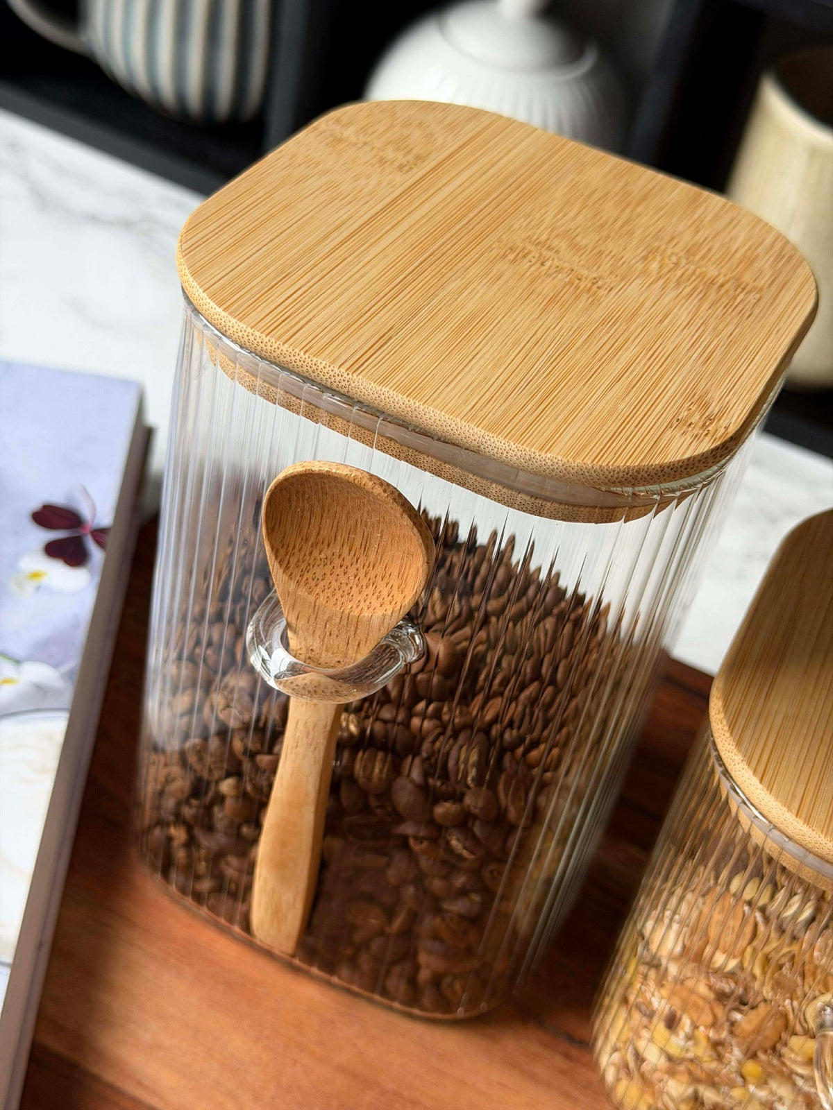 Voorraadpot met bamboedeksel en lepel - Meerdere formaten