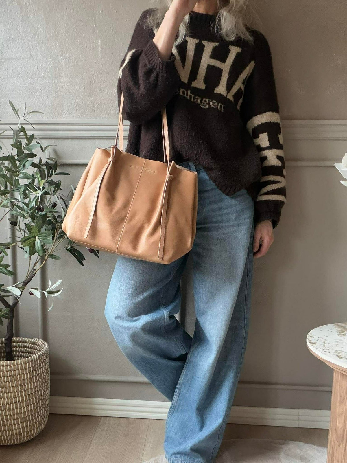 Shopper in zachte leersoort - Zand