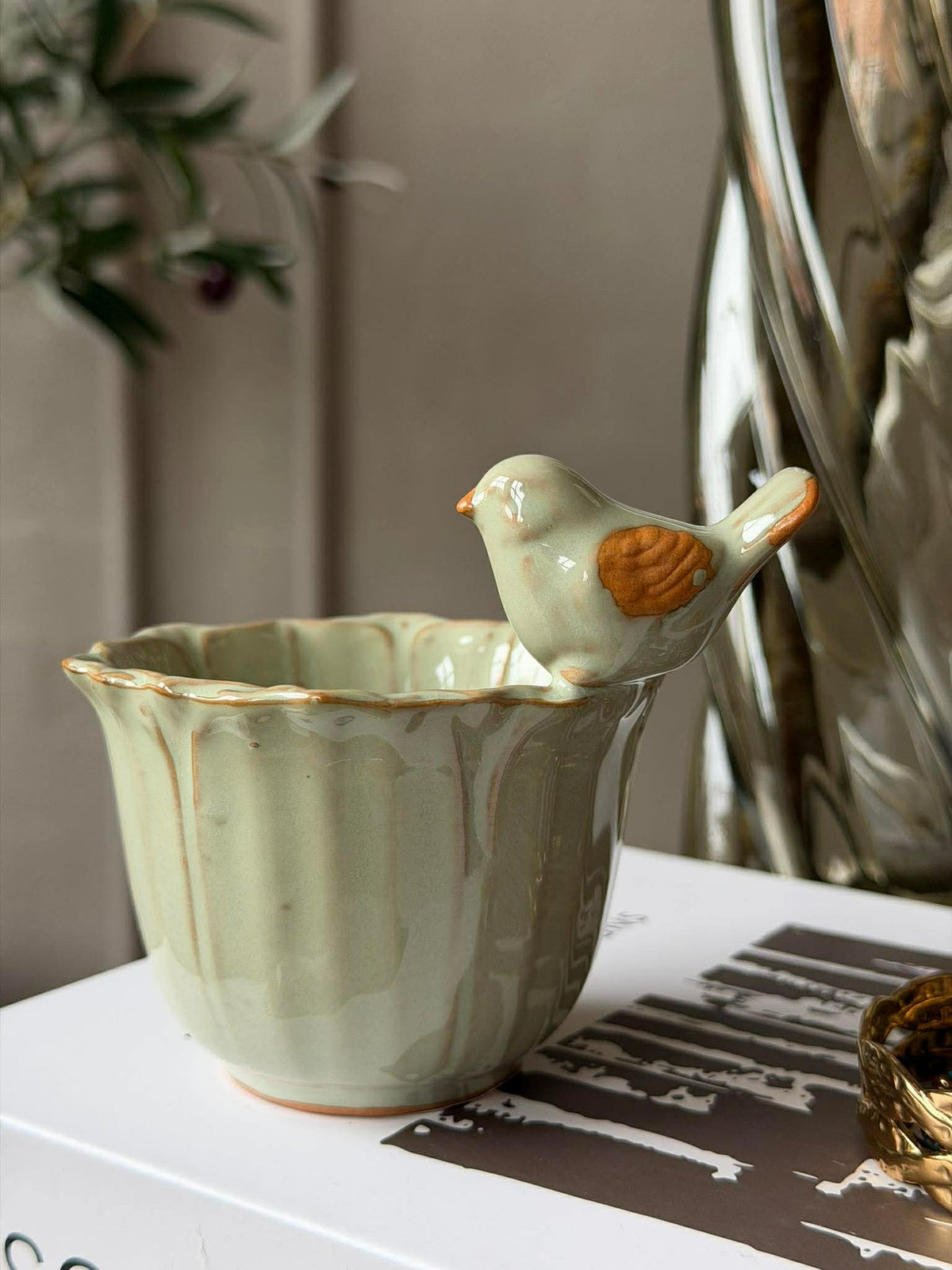 Bloempot met vogel - Groen