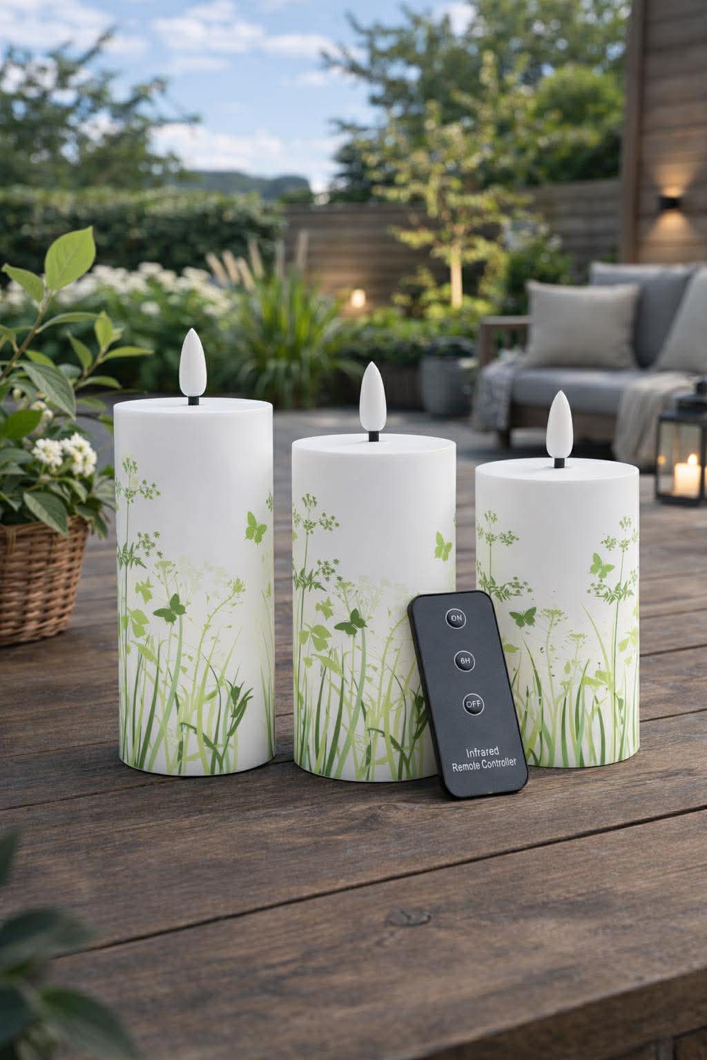 Buiten Blokkaarsen Green Flower - Set van 3 stuks