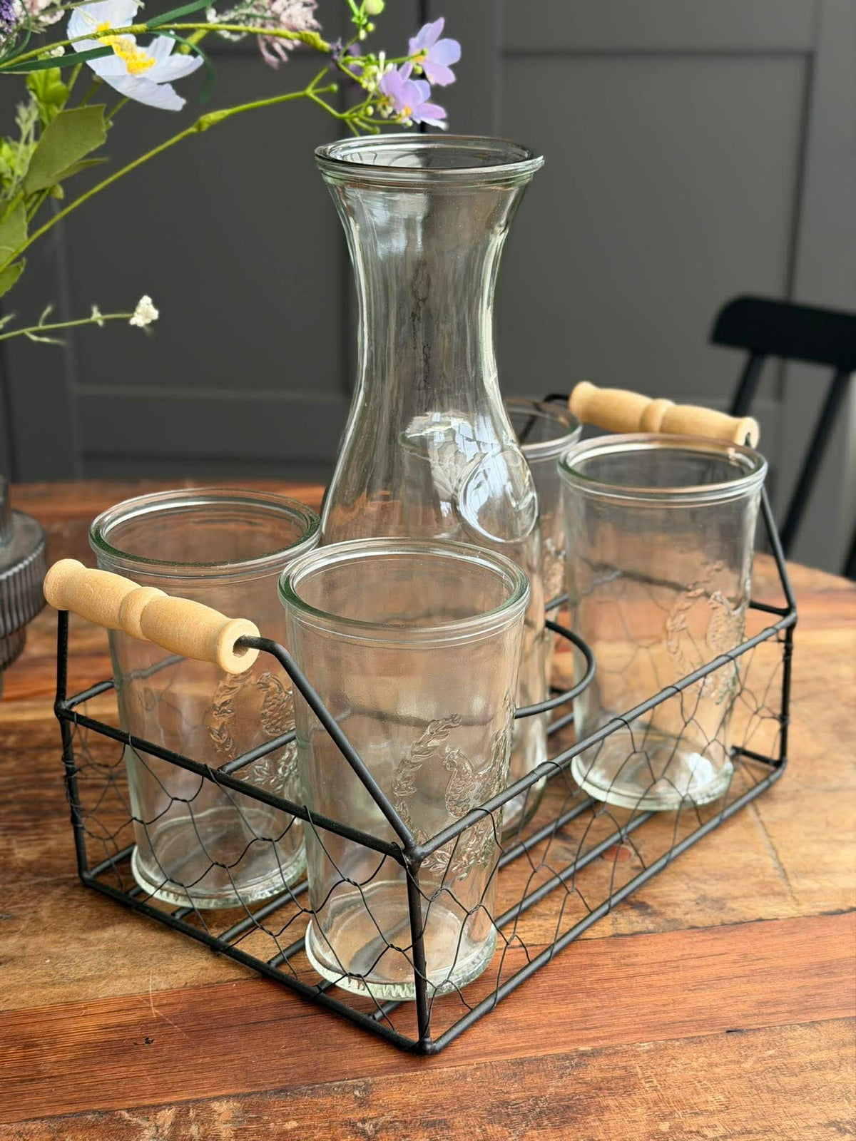Set met dienblad, 4 glazen en karaf
