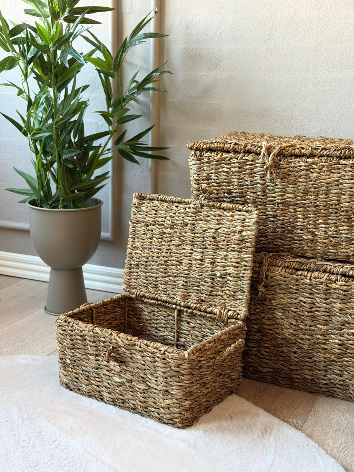 Manden met deksel voor opberging - Set van 3 stuks