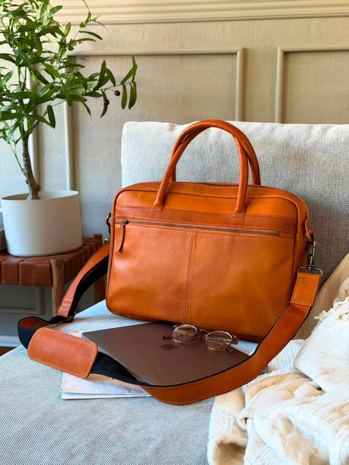 Laptoptas Faust dubbel - Cognac