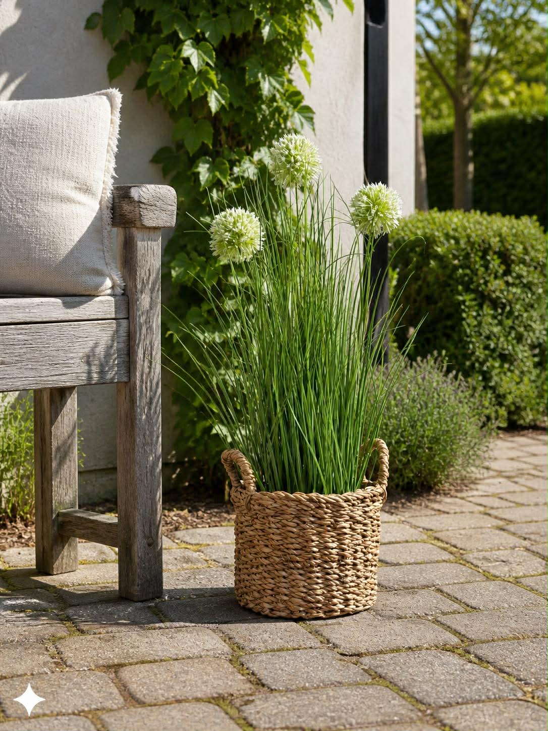 Gras en alliumbloemen in pot