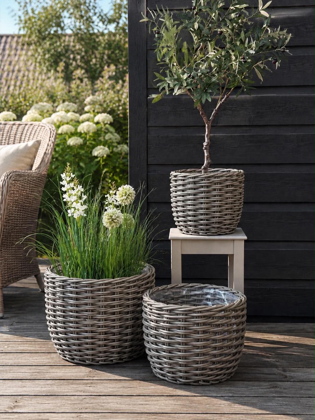 Plantenmanden RATTAN Grijs – Set van 3 maten
