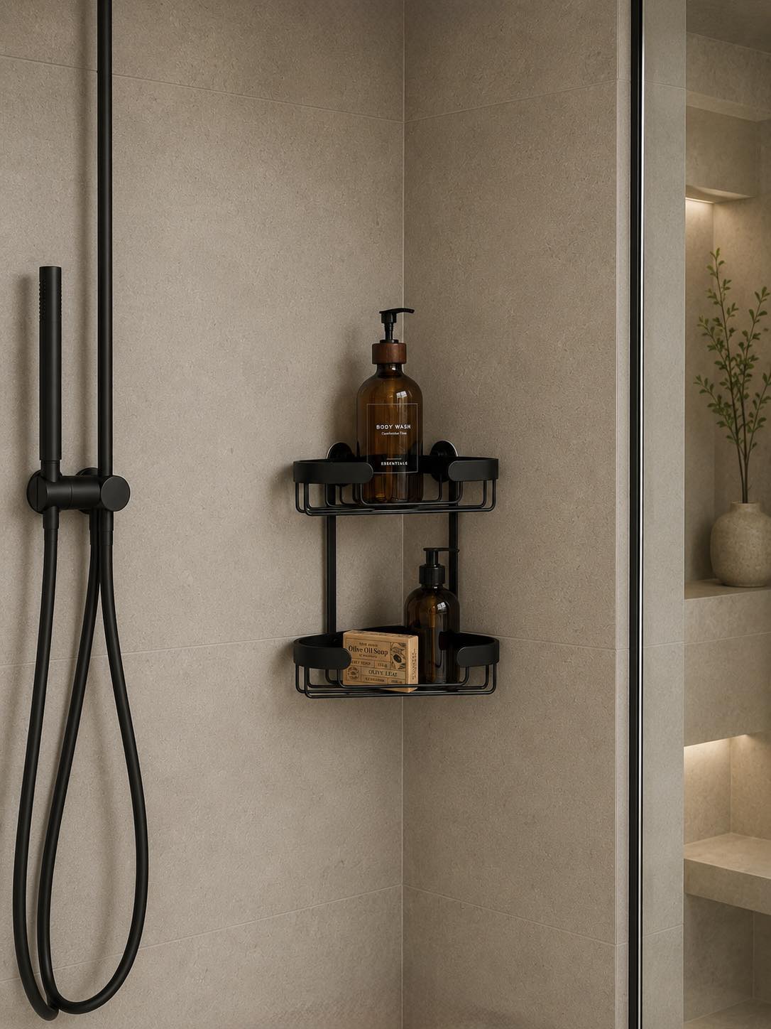 Dubbel hoekrek voor de badkamer - Zwart aluminium