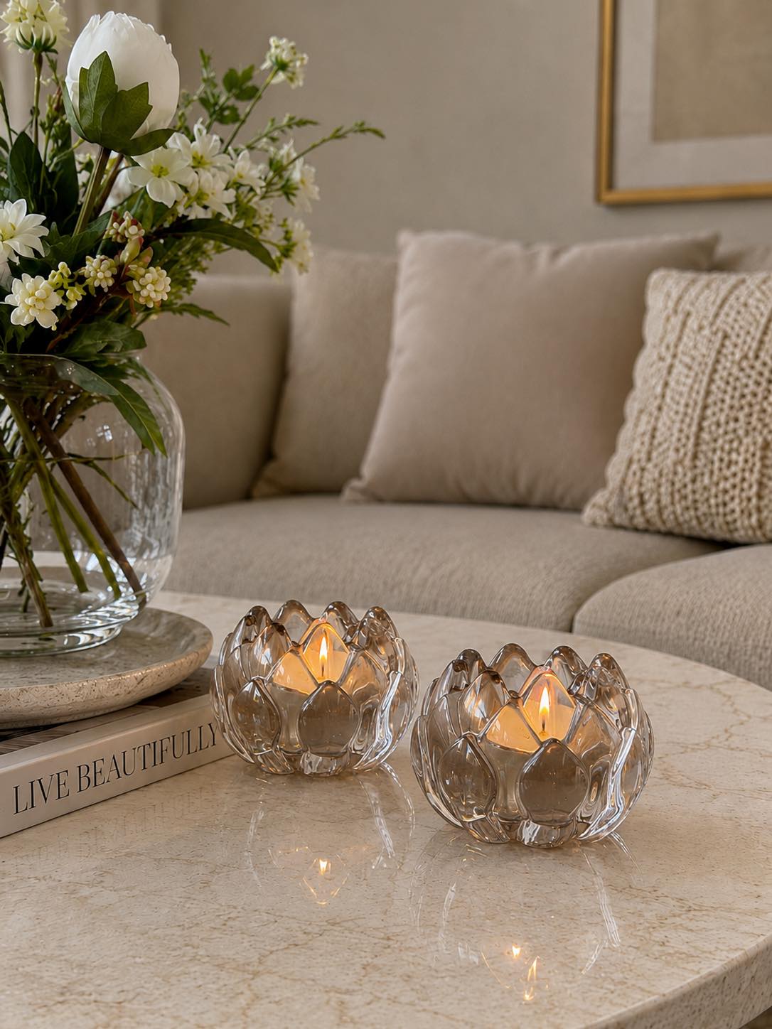 Theelichthouder beige lotus  - Set van 2 stuks