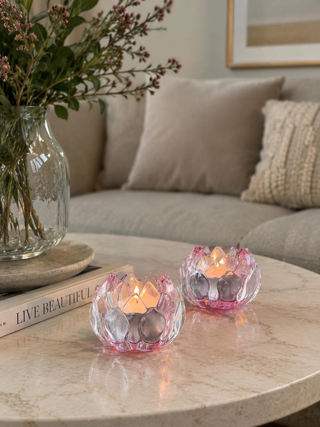 Lichtkandelaar roze bloem  - Set van 2 stuks