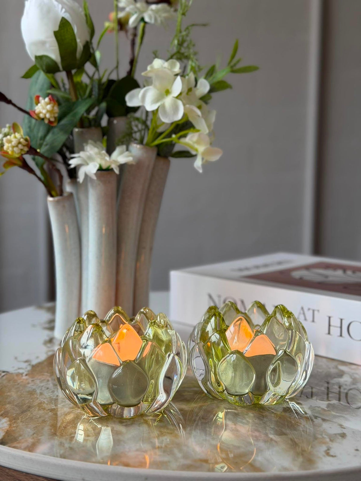 Theelichthouder groen lotus  - Set van 2