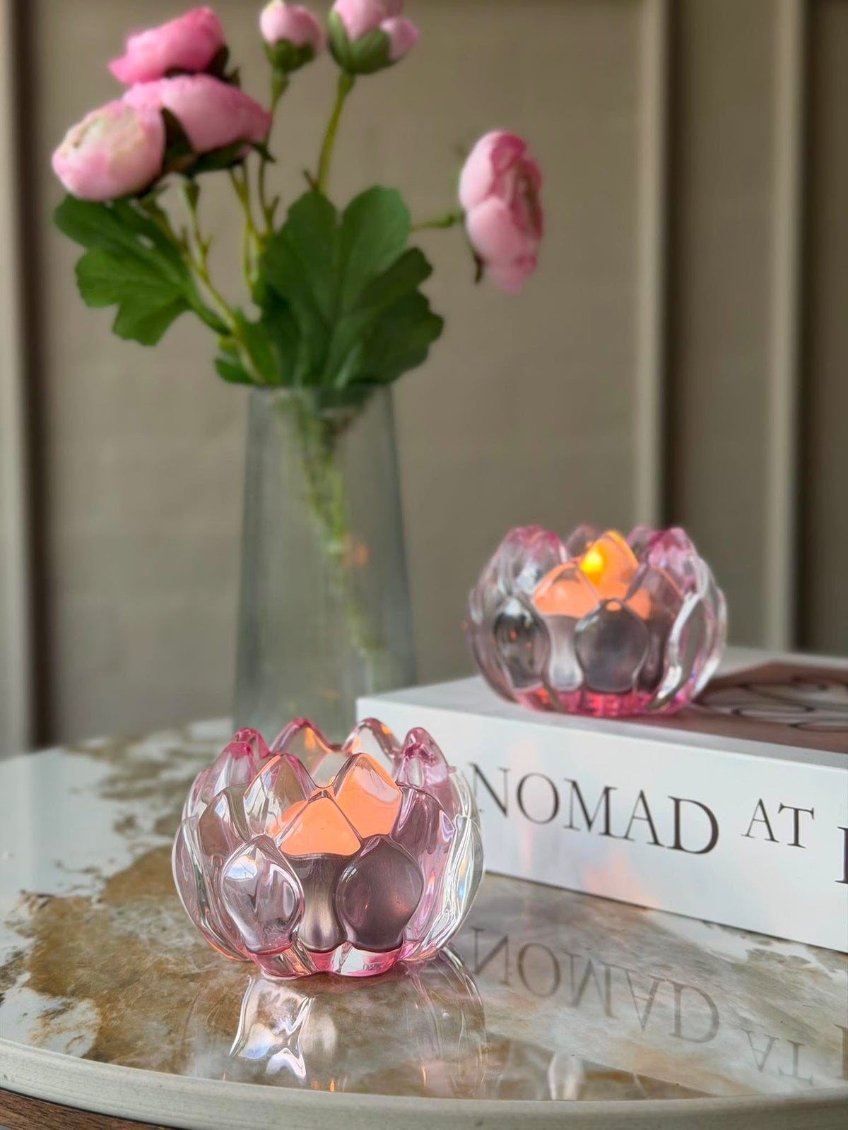 Lichtkandelaar roze bloem  - Set van 2 stuks