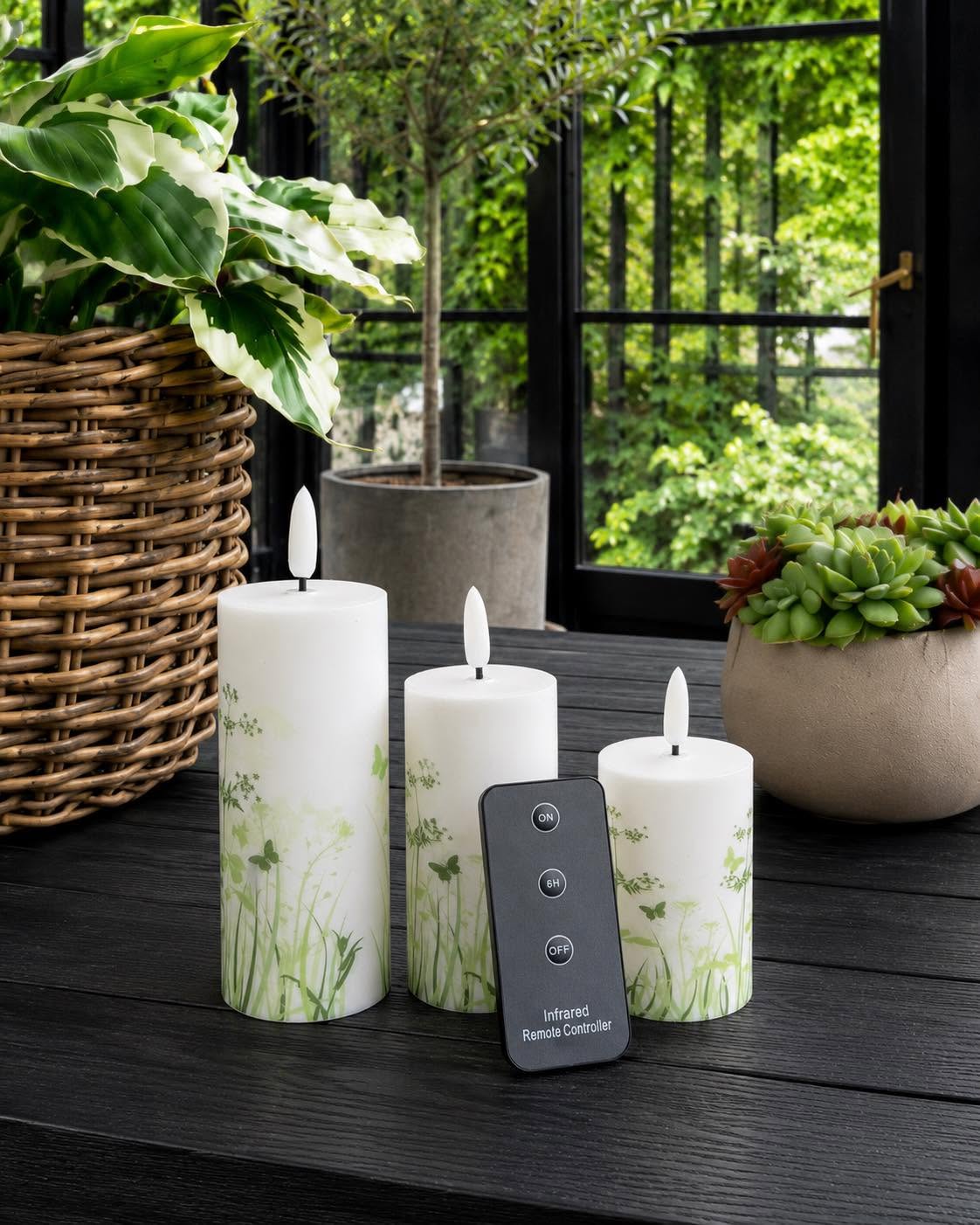Buiten Blokkaarsen Green Flower - Set van 3 stuks
