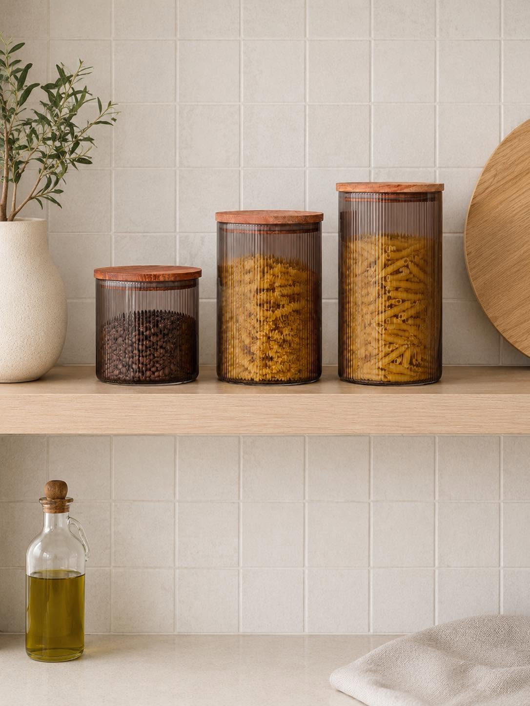 Opbergpotten van glas met houten deksel - Meerdere formaten