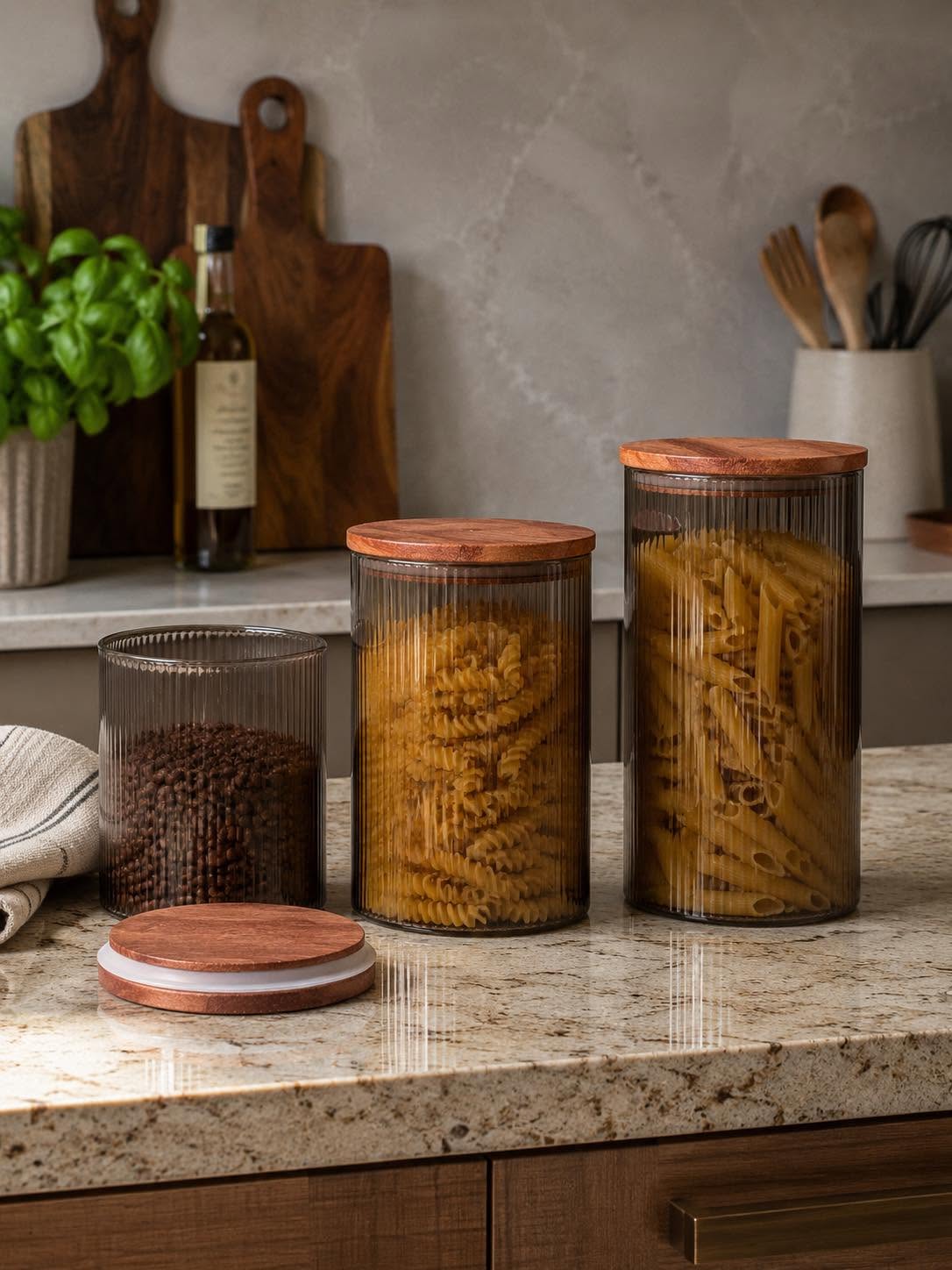 Opbergpotten van glas met houten deksel - Meerdere formaten