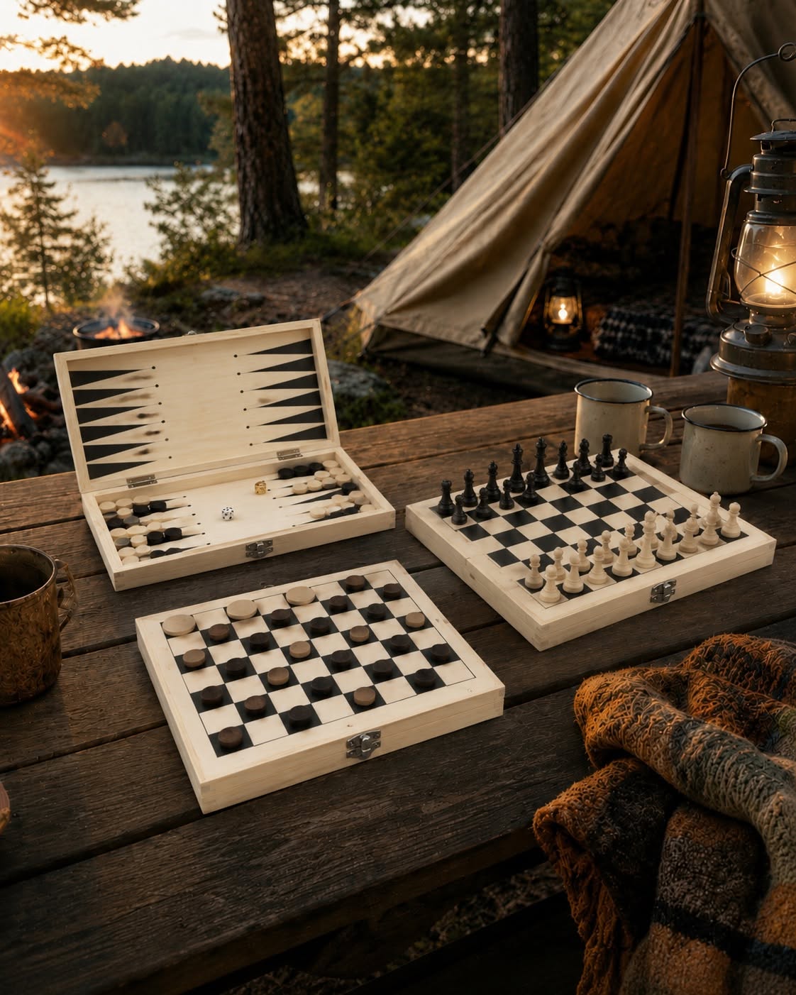 3-in-1 bordspelset van hout