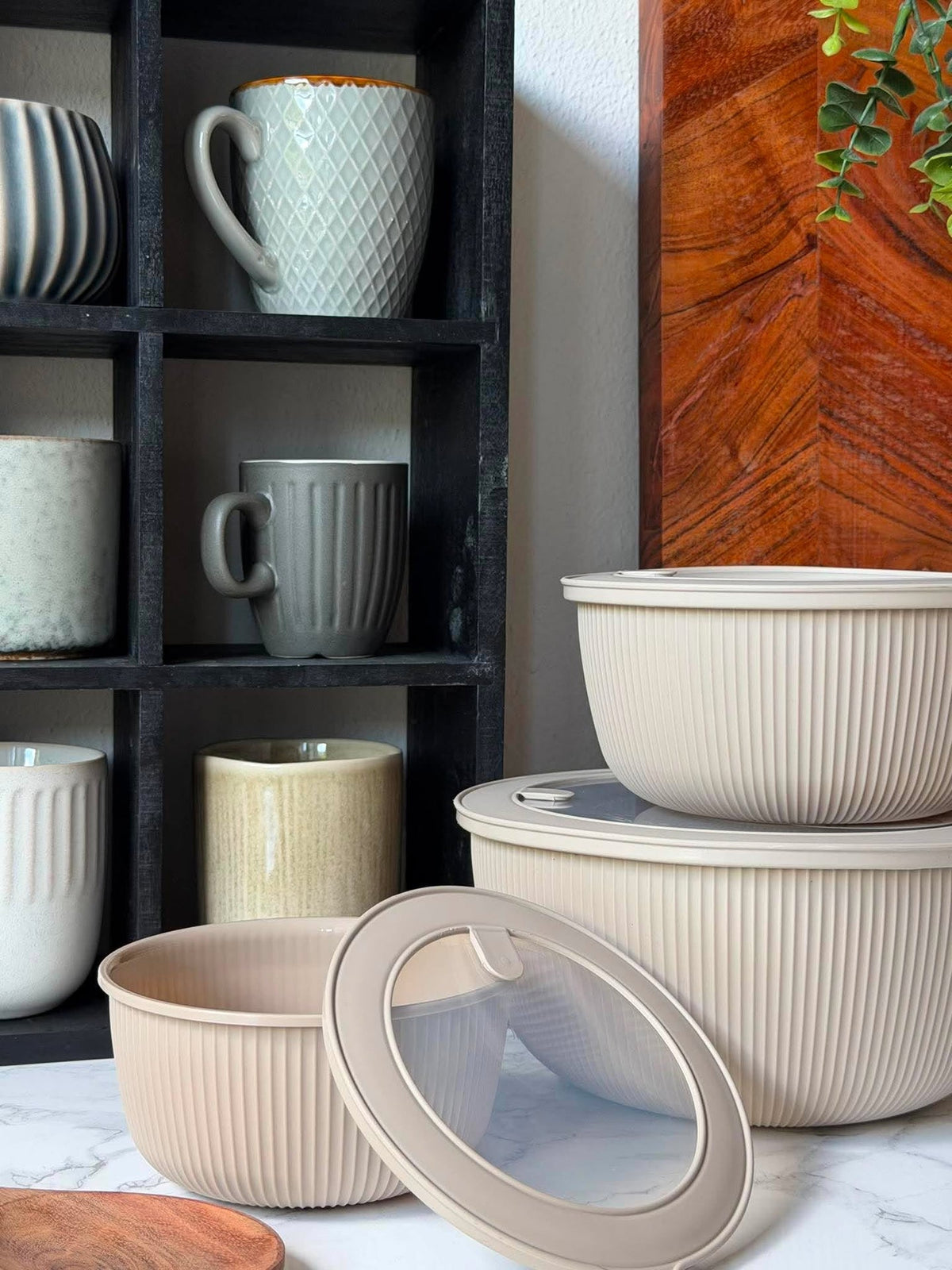 Schalen met deksel - Beige en grijs