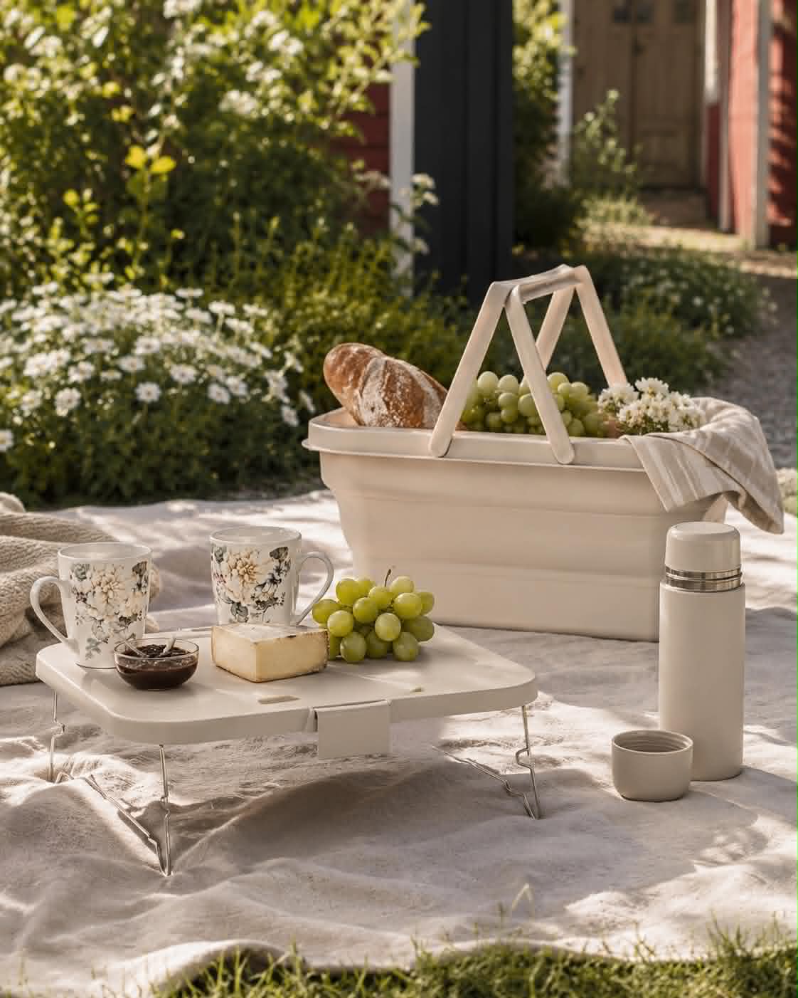 Opvouwbare picknickmand m. deksel beige