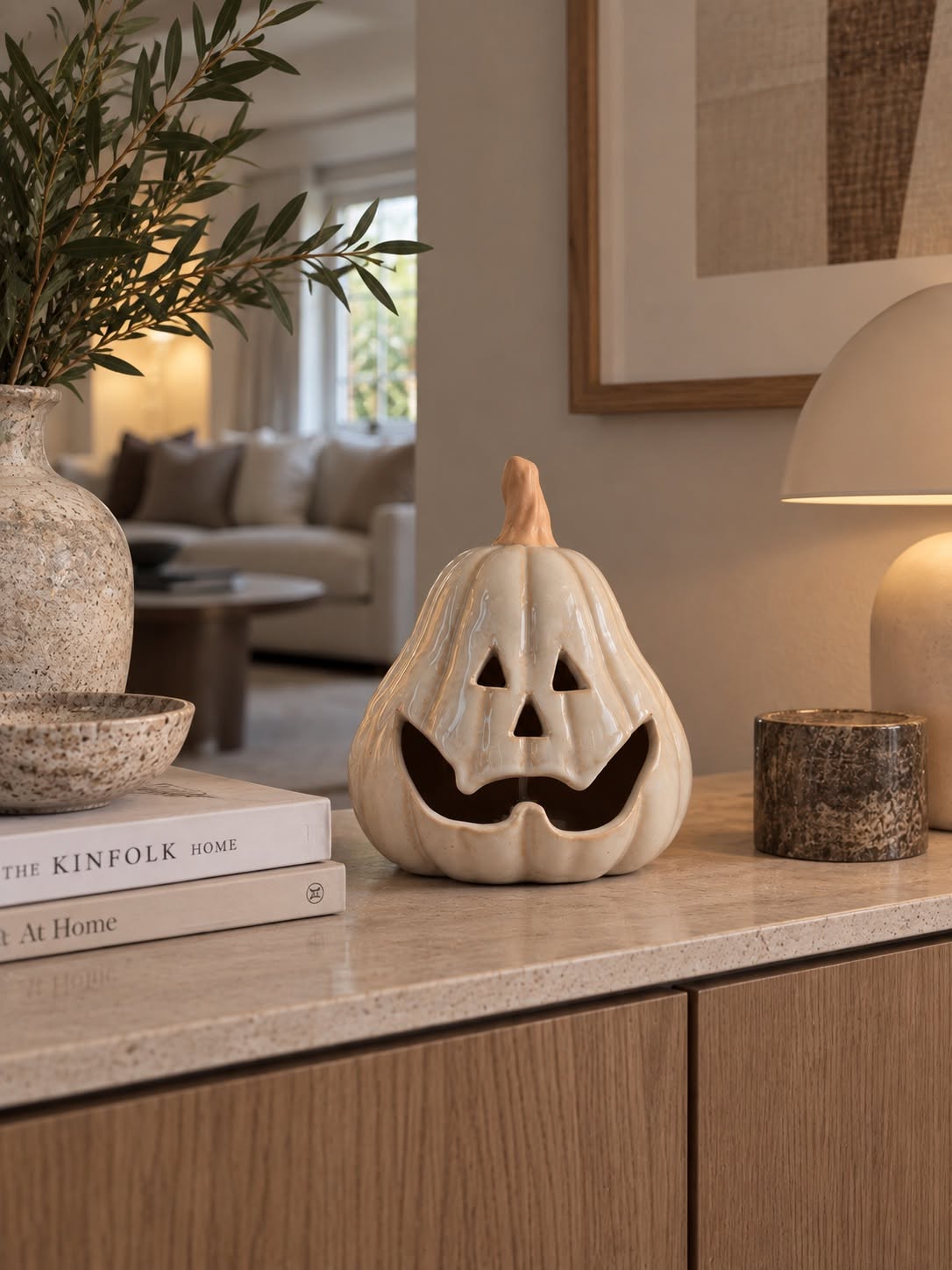 Pompoen met led licht - Beige