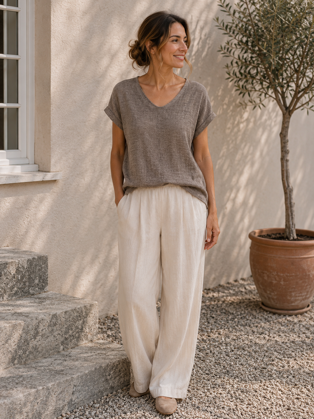 T-shirt Cozy linnenmix - Brown