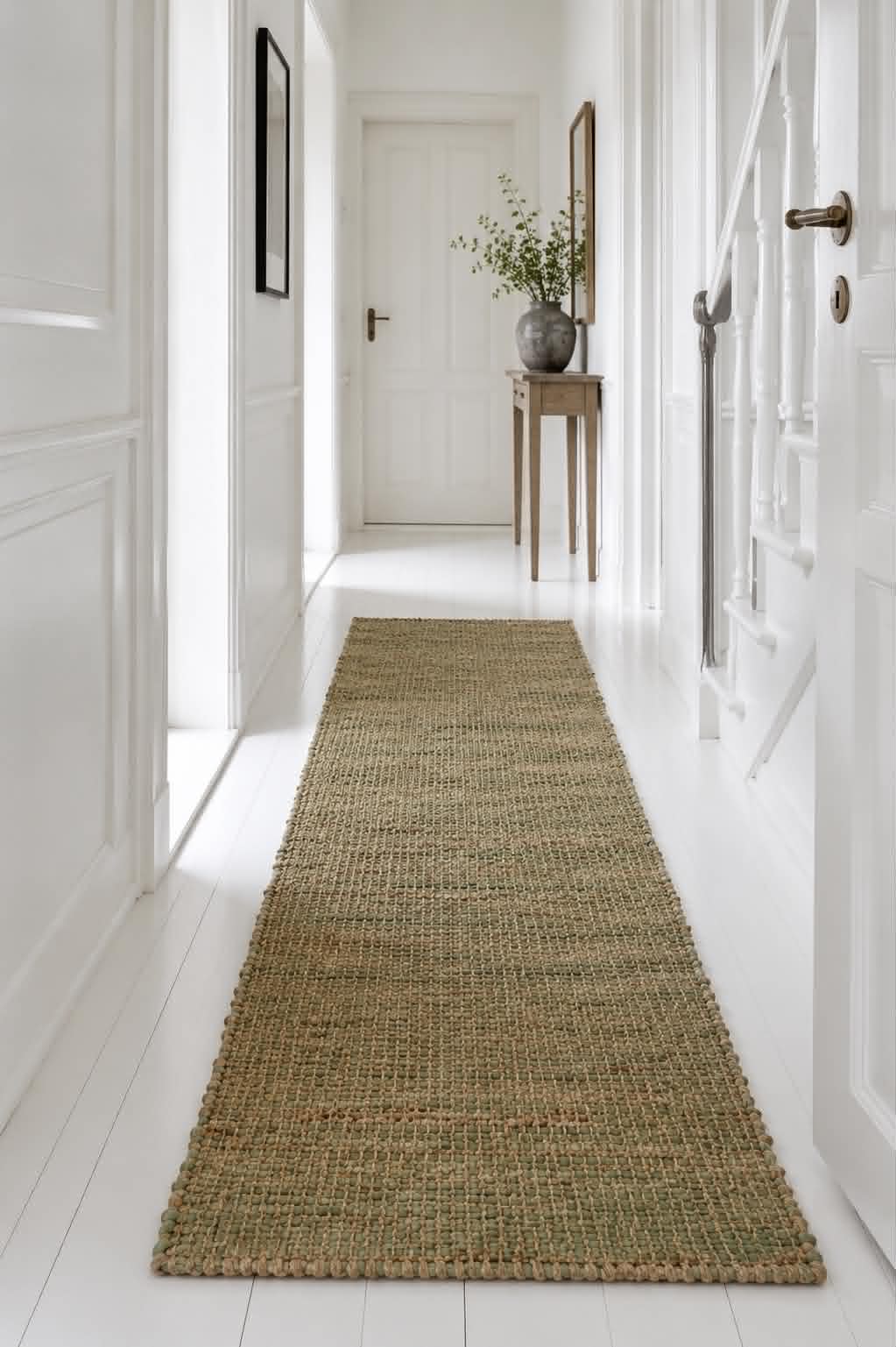 Vloerkleed van olijfkleurig leer en jute – 70x200