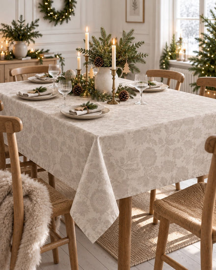 Nappe JACQUARD fleur sable sur table de Noël avec bougies et déco