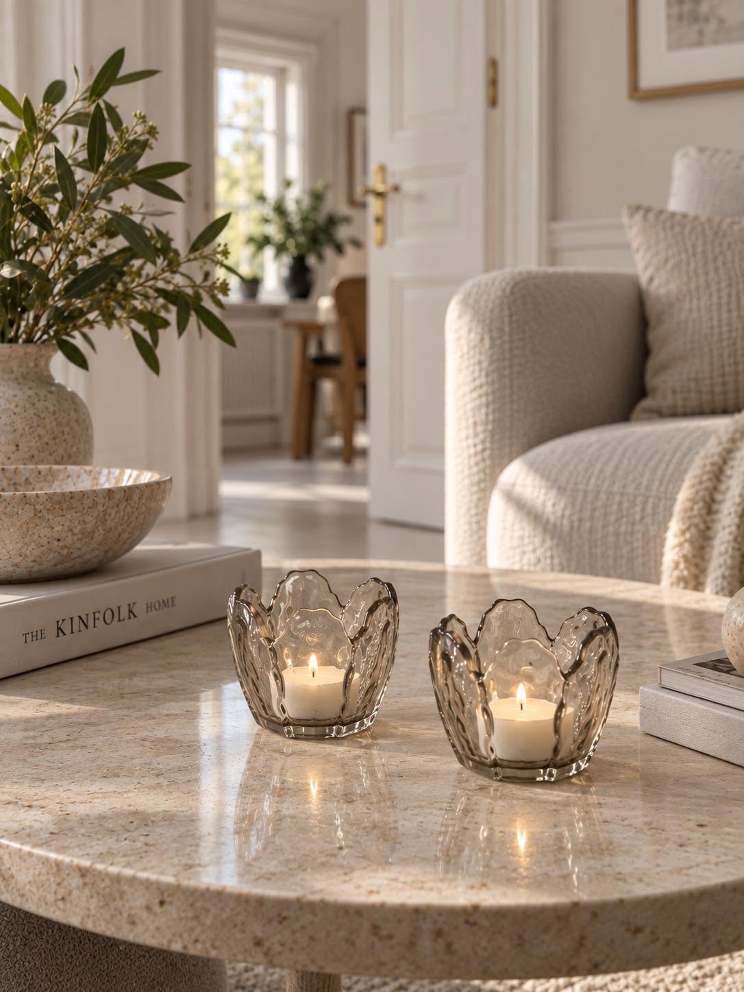 Theelichthouder beige bloem - Set van 2 stuks