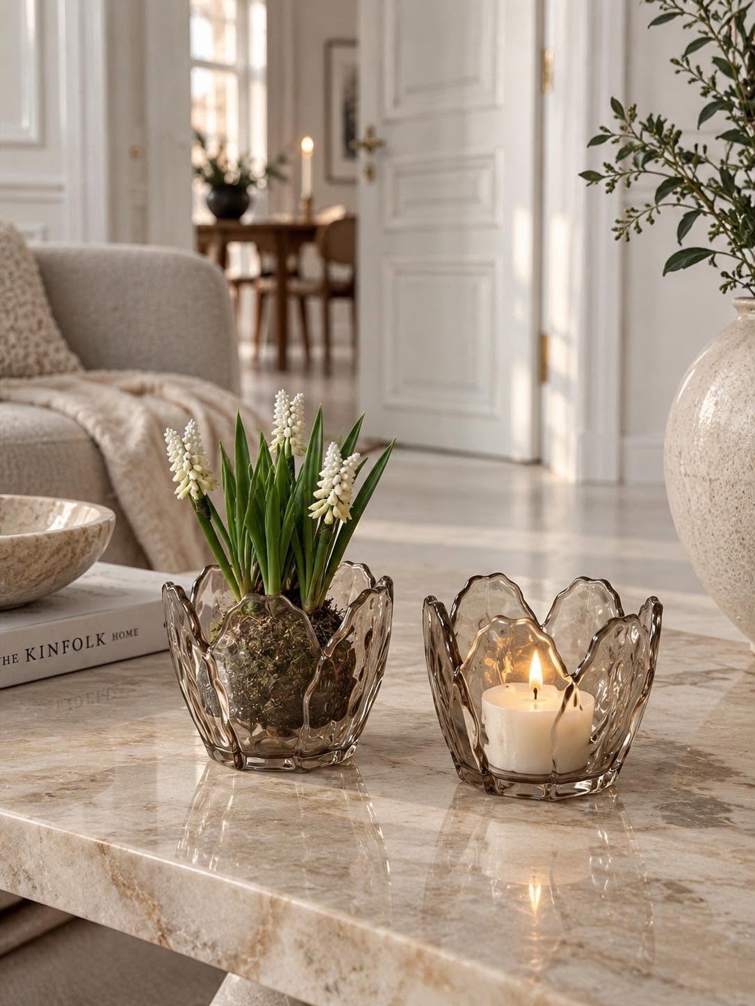 Theelichthouder beige bloem - Set van 2 stuks