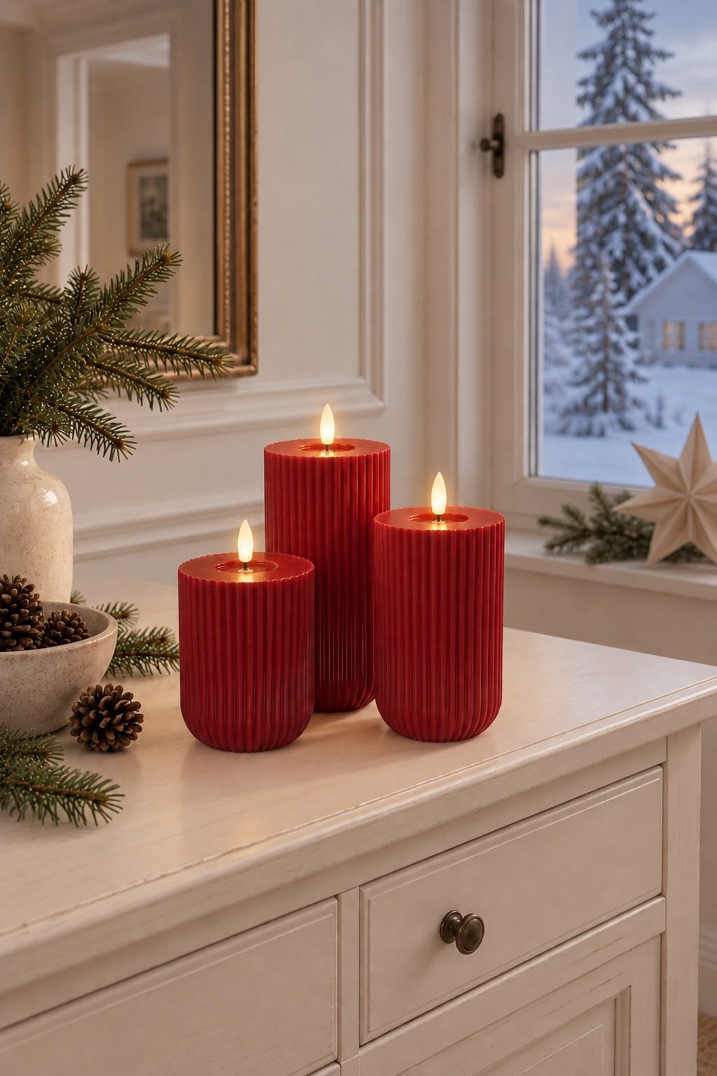 LED Blokkaarsen met ribbels Rood - 3 stuks met afstandsbediening