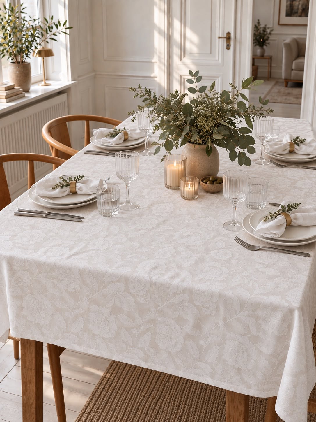 Tafelkleed JACQUARD flower - Wit