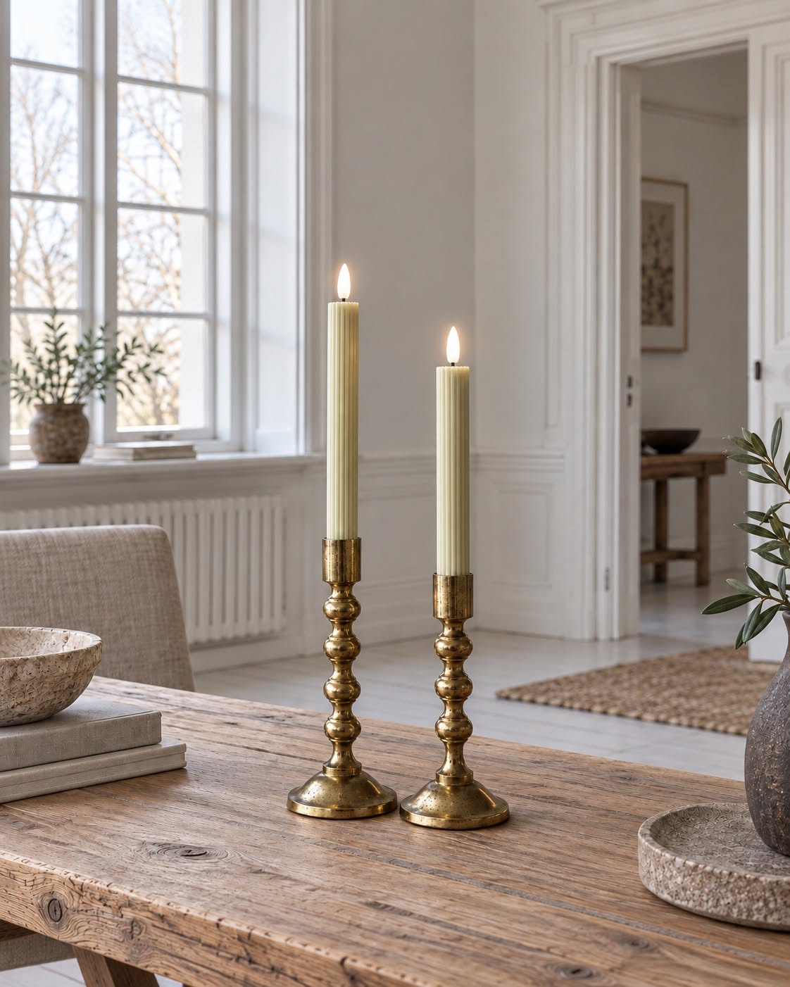 LED dinerkaarsen met ribbels en afstandsbediening - Sage green