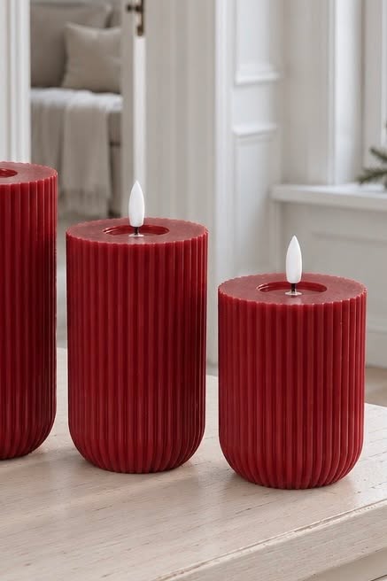 LED Blokkaarsen met ribbels Rood - 3 stuks met afstandsbediening